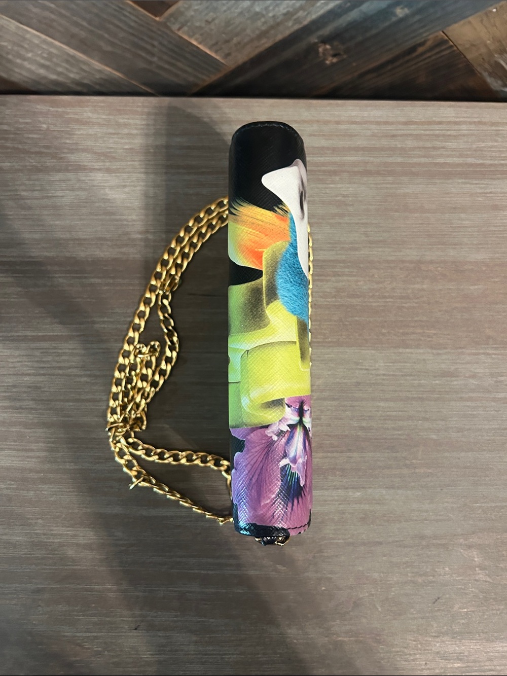 Prada Black Saffiano Printed Faces Leather Chain Clutch - Picture 5 of 8
